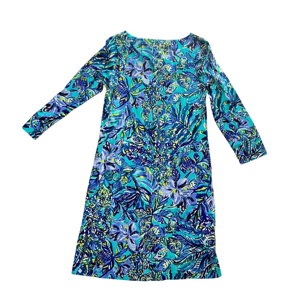 Lilly Pulitzer Hollee Dress Women's Size S Bennet Blue Sneak A Beak 3/4 Sleeve